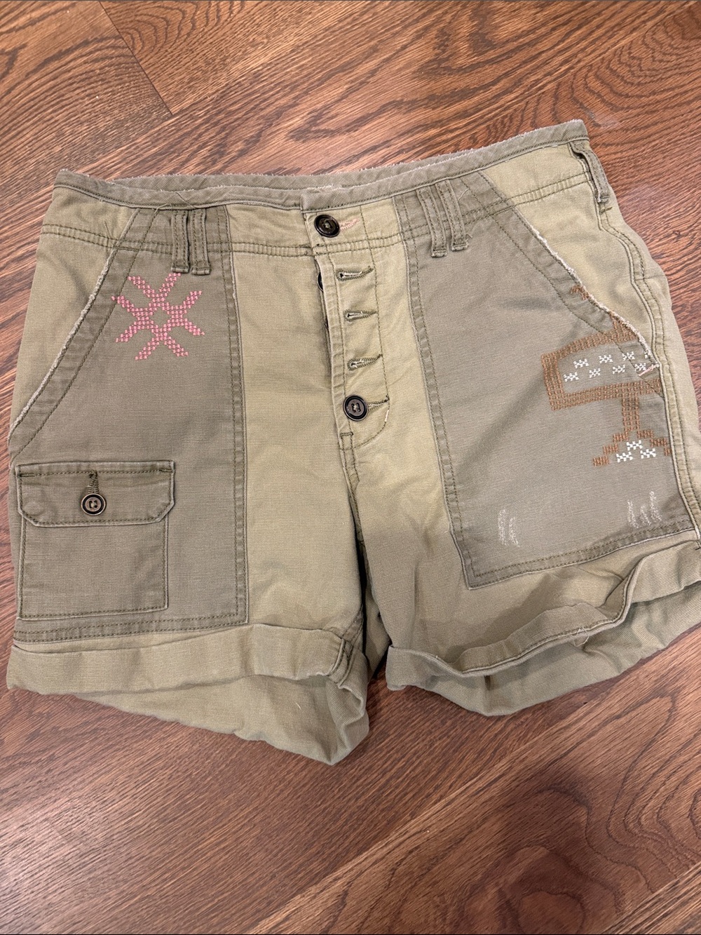 Pilcro Olive Patchwork Button-Fly Cargo Shorts with Pink Embroidery